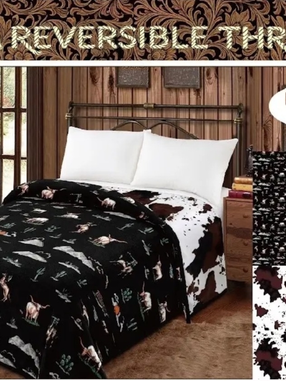 MIA Reversible Black & White Western Cowhide Throw Blanket